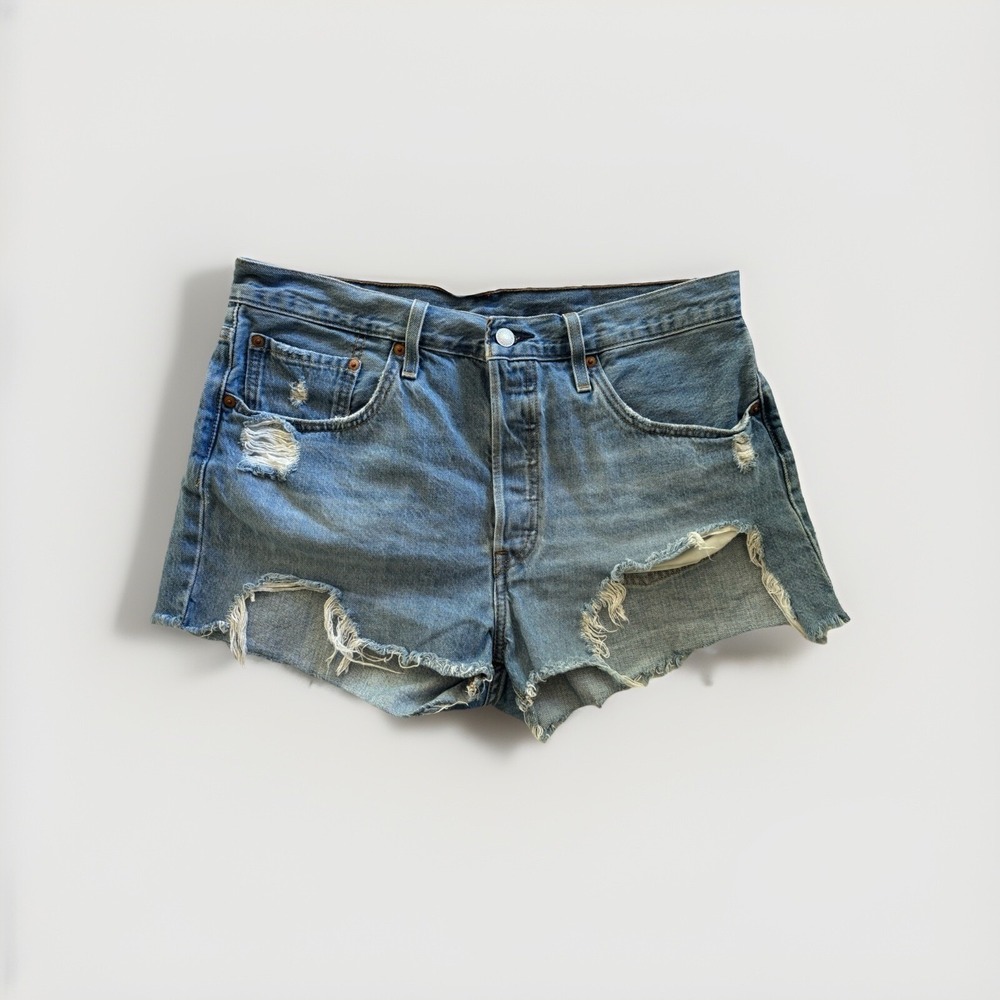 Levi's 501 Original Denim Shorts Womens 32 Blue Distressed Cut Off Button Fly